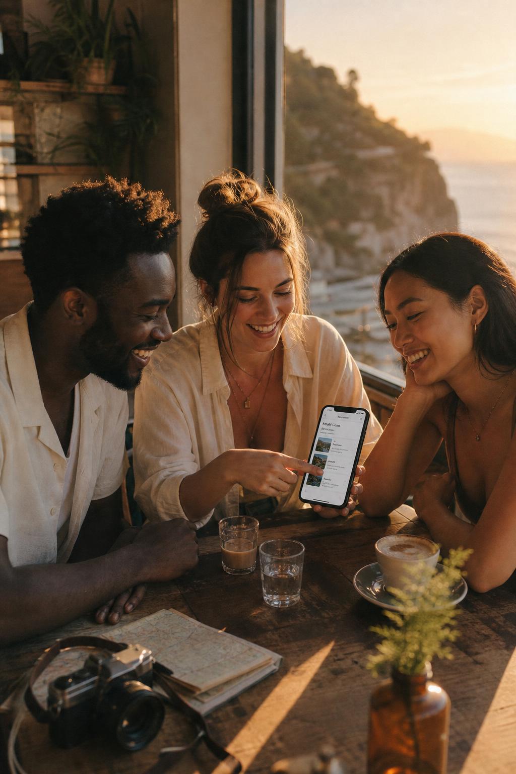 Three friends laughing at a sunlit café table while comparing a travel itinerary on a phone, ocean cliffs in the background