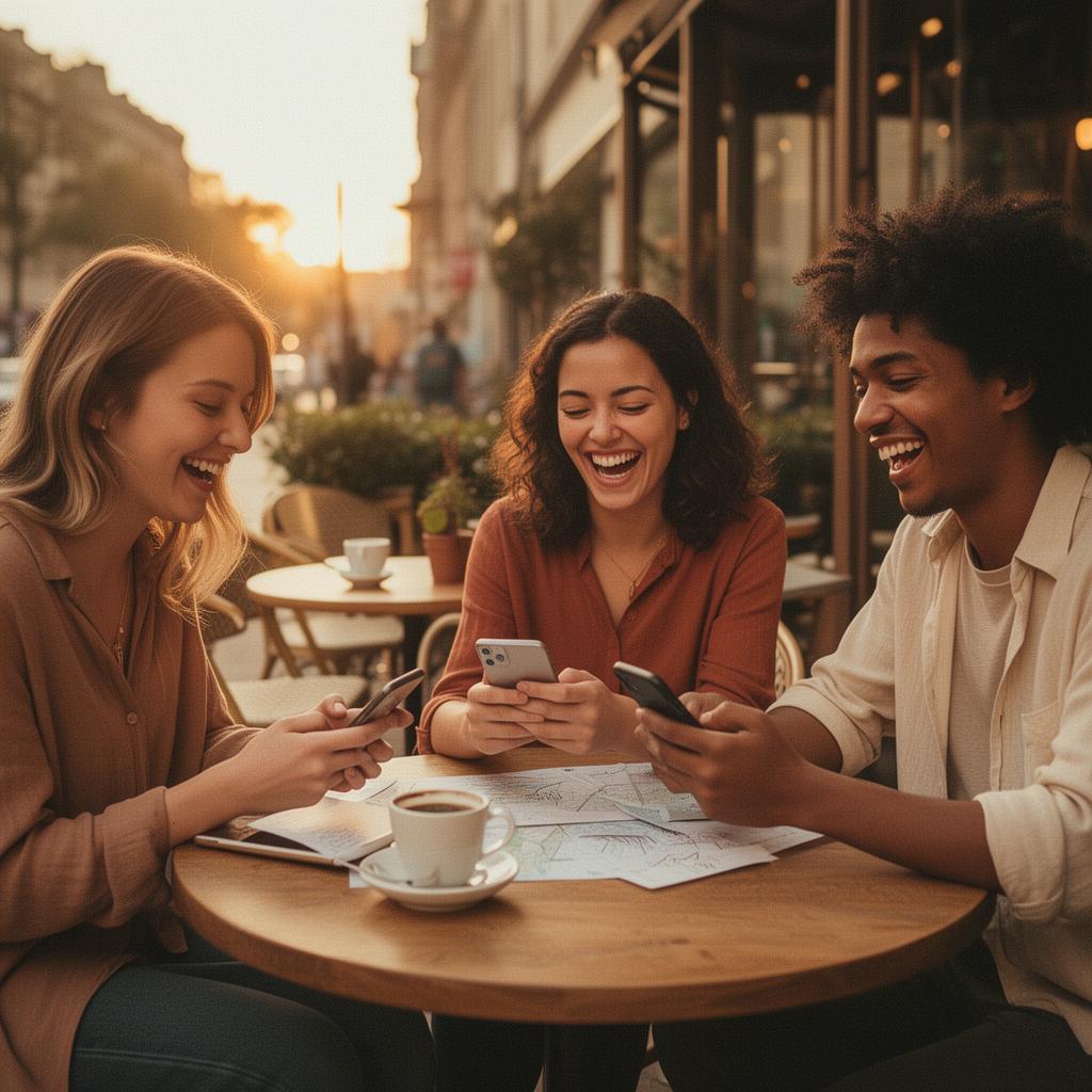 Three friends laughing around a café table while adding trip ideas on their phones at golden hour