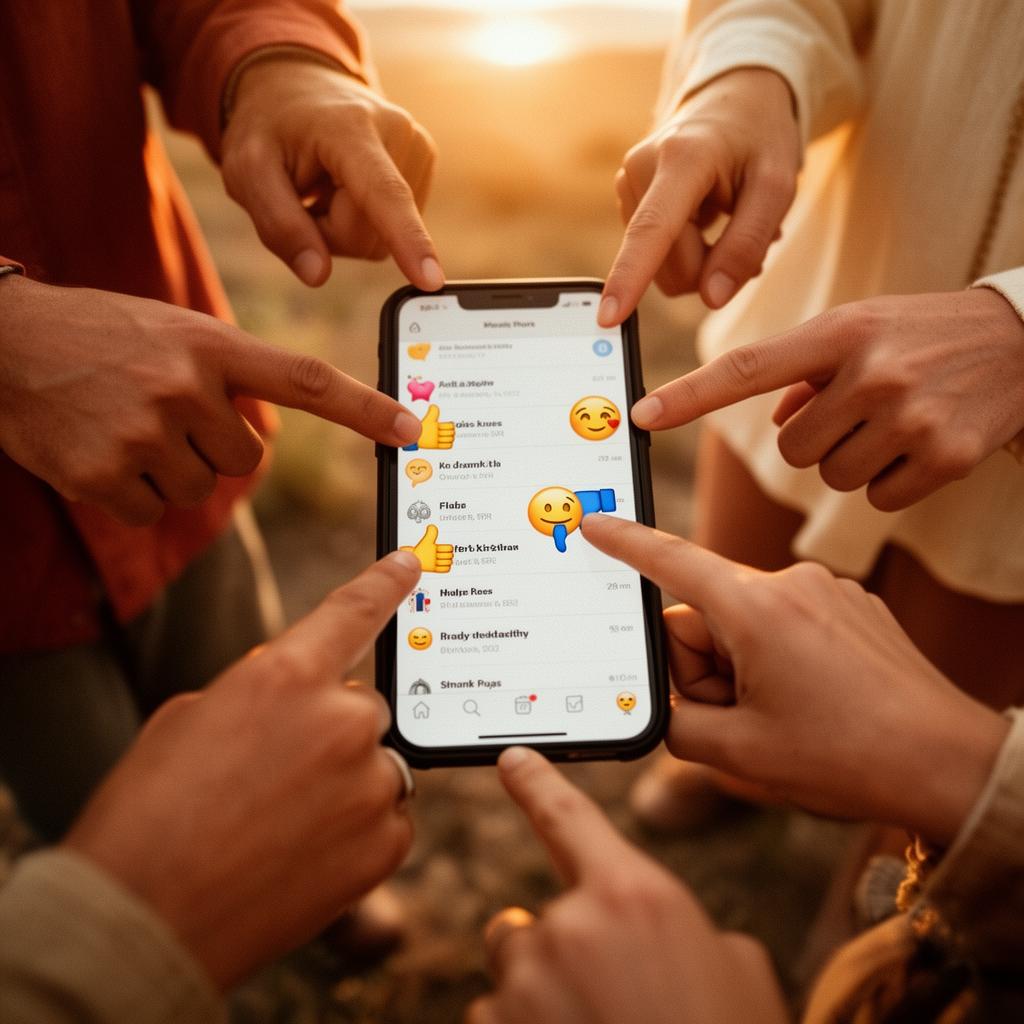 Several hands gathered around a single phone tapping thumbs-up and thumbs-down on a shared list