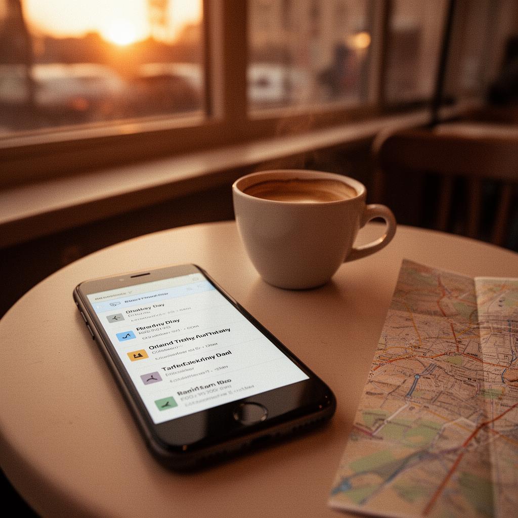 A phone on a café table showing a day-by-day travel itinerary next to an espresso and a folded map